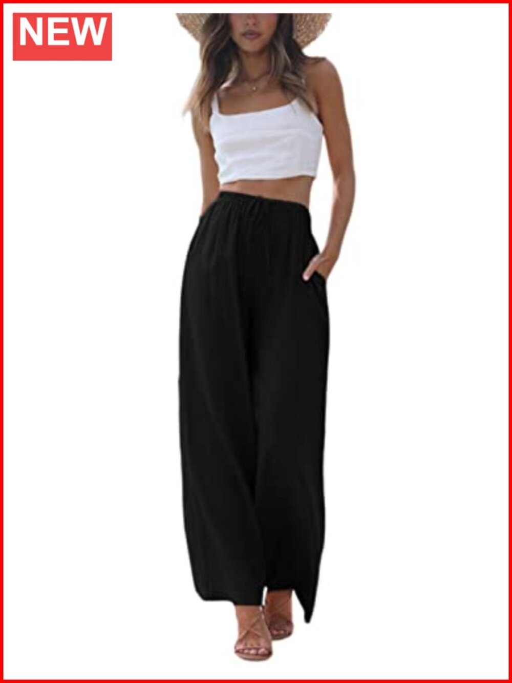 Cotton Linen Summer Palazzo Pants Flowy Wide Leg Beach Trousers with Pockets